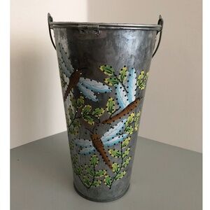 Vented Galvanized Tin Lantern or Critter Keeper Bucket Dragon Fly Design